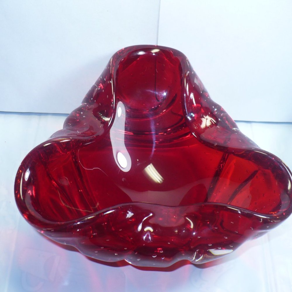 MURANO  Bowl Controlled Bubble Red Art Glass - Picture 2 of 6